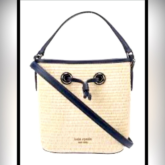 Kate Spade Eva Straw bucket bag navy leather trim - Picture 1 of 16